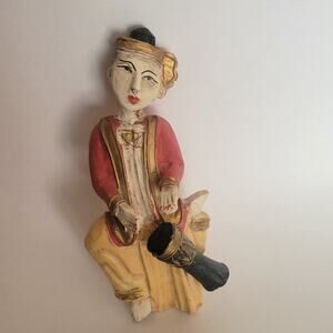 Vintage 9.5"in. Hand Carved Thai Wooden Musician Wall Hanging Made Thailand Red